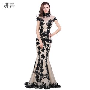 Élégante robe de soirée de sirène à manches courtes noires appliques robes de bal en mousseline de soie sur mesure 100% image réelle robe pure LJ201124