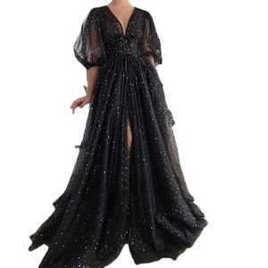 Elegant Black Starry Tulle Prom Party Dresses Half Puff Sleeve Split Pleats V Neck A Line Formal Evening Party Vestidos De Fiesta
