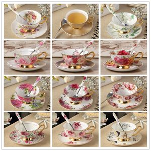 Juego de tazas de té y café de porcelana de hueso elegante, juego de cucharas y platillo de cerámica de estilo británico, juego de tazas de té de la tarde, regalo