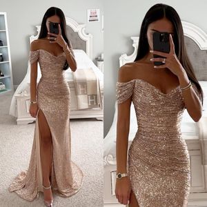 Robe de bal élégante Champagne, épaules dénudées, paillettes, paillettes, plis fendus, formelle, longue, pour occasions spéciales