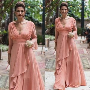 Elegant Chiffon V Neck Mother of the Bride Dresses Long Sleeves Ruffles Ladies Formal Evening Gowns Custom Made