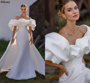 Elegante satén drapeado fuera del hombro Sirena Vestidos de novia con tren desmontable Vestidos de novia bohemios simples Vestido de fiesta de recepción de novia de talla grande modesto CL2276