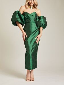 Élégant vert émeraude gaine robes de soirée 2022 chérie hors épaule manches bouffantes simple satin robe de soirée de bal cheville longueur robes d'occasion spéciale
