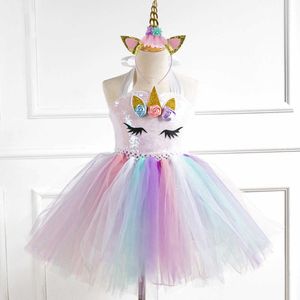 Filles élégantes paillettes haut licorne tutu robe brillante princesse ajustée halt cou été bal bébé costume 210529