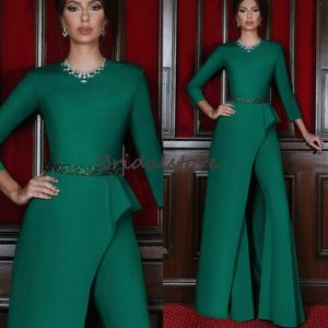 Elegante mono verde Vestido de noche Sobrefalda Tren 2022 O Cuello Con cuentas Manga larga Árabe Turquía Dubai Vestidos de baile Ropa de fiesta musulmana con pantalón Robes De Soir￩e