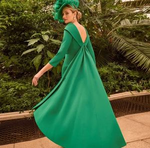 Élégant Green Sheat Evening Pageant Robe 2024 Nec de bateau 3/4 Manches sans dossier Big Bow Longueur Satin Prom Gowns Party Robe de Soiree