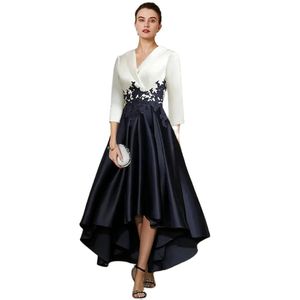 Elegant Hi-Lo Satin Lace Mother of the Bride Dresses with Pockets, A-Line 3/4 Sleeve Pleated Asymmetrical Length Mom of the Groom Dress Godmother Dress for Women