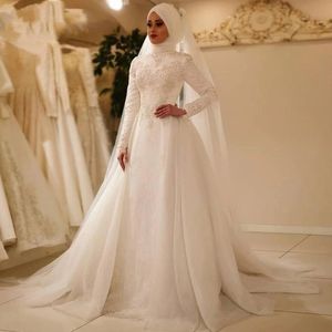 Élégant Hijab Musulman Dentelle Une Ligne Robes De Mariée Col Haut Manches Longues Arabe Dubaï Robes De Mariée Perles Perlées Ivoire Tulle Islamique Mariée Porter 2023