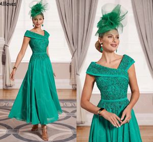 Élégant vert chasseur mère de la mariée robes pour mariage hors de l'épaule dentelle perlée une ligne en mousseline de soie formelle tenue de soirée femmes thé longueur marié robes de mère CL1956