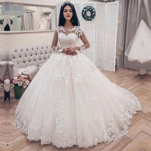 Élégant dentelle appliques manches longues robes de bal robes de mariée pure illusion équipage robe de mariée robe de célébrité De Noiva 2019 robe de mariée