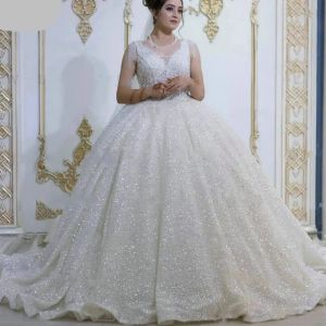 Robes de mariée élégantes en dentelle avec des appliques, robes de mariée de luxe en cristal arabe, ligne a, col en v, paillettes, en Tulle, grande taille, 0202