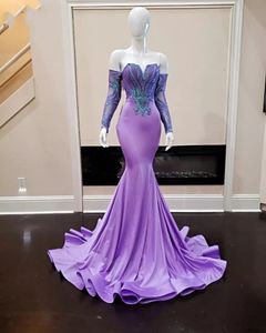 Elegante Lilac Mermaid Vestido de noche Aplique Appliche Simple Dresses 2023 Rita de Bal Mangas largas Vestidos de fiesta de fiesta
