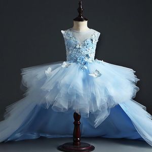 Élégant Long Trailing Blue Tulle Girls Pageant Dress Robe de demoiselle d'honneur pour le mariage Floral Girl Party Princess First Communion Gown283j