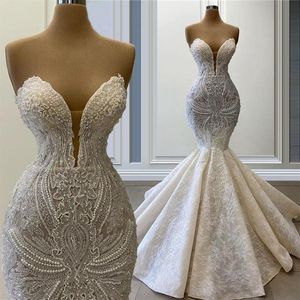 Robes de mariée sirène élégantes à la main perles dentelle robes de mariée chérie étage longueur deuxième réception Dress254L