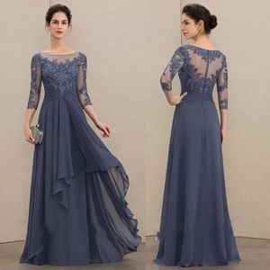 Elegant Navy A-Line Scoop Neck Floor-Length Chiffon Lace Mother of the Bride Dresses With Cascading Ruffles Plus Size Mother Gowns