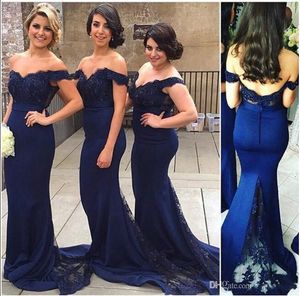 Robes de demoiselle d'honneur bleu marine élégantes 2016 pas cher hors épaule chérie dentelle appliques longue robe de demoiselle d'honneur robes de cérémonie de mariage
