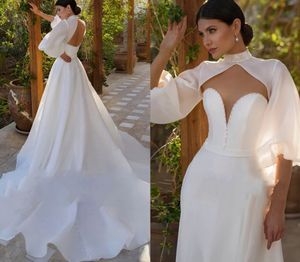 Elegante vestido de novia de organza 2024 Mangas abullonadas Cuello alto Recortado Sin espalda Una línea con cuentas Birde Vestidos formales Vestidos De Novia Mairee