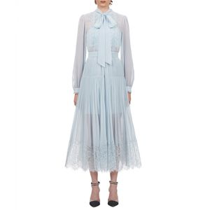 Élégant bleu pâle en mousseline de soie dentelle garni femmes à manches longues col nœud papillon robe plissée femme taille haute robes de soirée 210416