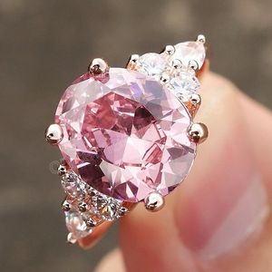 Elegante anillo de mujer de circonita cúbica de cristal rosa, banda Punk de boda de princesa, anillo de dedo femenino de Color rosa dorado, fiesta de compromiso