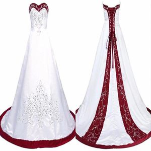 Elegante vestido de novia rojo y blanco bordado princesa satén Una línea de encaje en la cancha de la cancha lentejuelas con cuentas de boda larga y barata go6320669