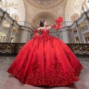 Robes rouges élégantes avec manches détachables à paillettes Organza chérie sweet 16 vestidos para quinceanera