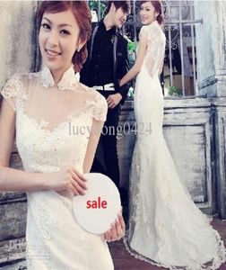 Elegante columna de encaje rojo Columna de cuello alto Cheongsam vestidos de novia vestidos de novia vestidos cheongsam sirena boda dres1638613