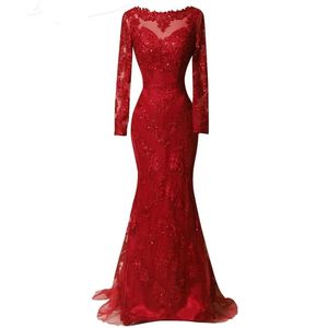 Vestido De noche rojo elegante para mujer, vestidos De fiesta De graduación con escote redondo y encaje con cuentas, manga larga, sirena, tul, 2024