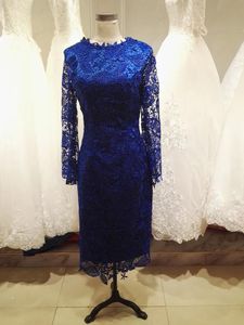 Robes mère de la mariée élégantes en dentelle bleu Royal, longueur thé, manches longues, robes de Cocktail de fête, automne hiver, rose pâle, vert
