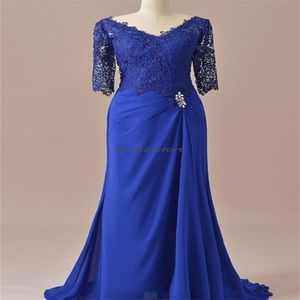 Élégant bleu royal mère de la robe de mariée image réelle demi manches dentelle mariage invité porter 2023 col en V perlé marié maman robe de soirée formelle bal occasion robe