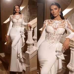 Élégant Satin Peplum sirène robes de mariée 2022 dentelle Appliques à manches longues robe de mariée robes de mariée Vestido de novia