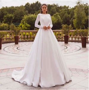 Vestidos de novia elegantes de satén, Vestido de novia de encaje de manga larga, Vestido de novia musulmán con espalda cubierta, Vestido de novia 2023