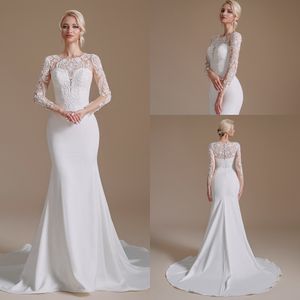 Elegante pura manga larga encaje sirena vestido de novia tul encaje apliques con cuentas barrido tren vestidos de novia lumbar Vestidos De Novia CPS1995