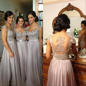 Elegante gris plateado vestidos largos de dama de honor lentejuelas apliques de encaje gasa hasta el suelo vestidos de fiesta de noche de honor de dama baratos 64602281233953