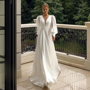 Robe De mariée élégante en Satin doux, Simple, col en v, manches longues bouffantes, pour femmes, moderne, avec traîne, 2024