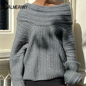 Suéter elegante liso con cuello oblicuo para mujer, jerséis informales holgados de manga larga para otoño e invierno, ropa de calle acanalada que combina con todo, 2023 240301