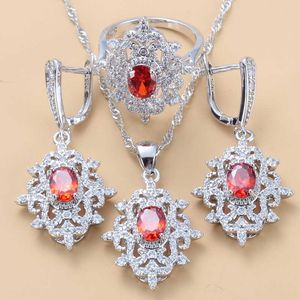 Femmes élégantes ensembles de bijoux fantaisie de mariage pierre naturelle grenat rouge boucles d'oreilles et collier anneau ensembles de mariée H1022