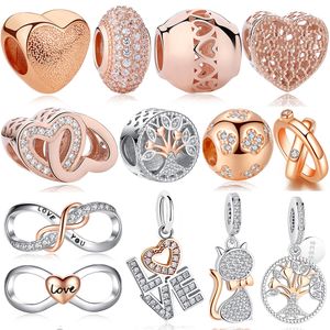 ELESHE 925 Sterling Silver Charm Bead BFF Family Tree Infinity Love Love Rose Dangle Charmes Fit Bracelets Original Bijoux DIY Joailler Q0531