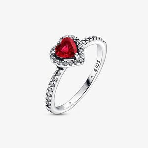 Anneau de coeur rouge élevé pour les anneaux d'empilement en argent sterling authentiques bijoux de créateurs pour femmes Crystal Diamond Love Hearts Rague de mariage avec boîte d'origine