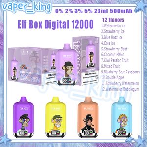 Elf Box Digital 12000 Puffs Cigarettes électroniques jetables Bobine de maille 23 ml Pod 500 mAh Batterie Cigs électroniques Puffs 12k 0% 2% 3% 5% 12 Saveurs Kit de cigarettes électroniques chaudes mondiales