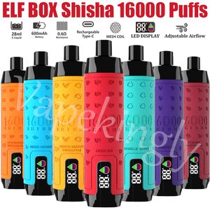 Elf Box Digital Shisha 16000 Puffs Vape Vape Dernivable E Cigarettes Puff 16K 0% 2% 3% 5% 28ML POD PRÉFILET 600MAH PENS ÉCRAN AIR SMART AIRFLABLE RECHARAGE RECHARAGE