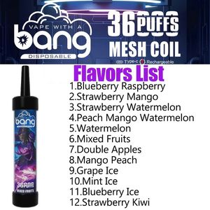 Bang Puff 36000 Vapes jetables Rechargeables E Cigarettes Mesh Bobine 40ml E-Liquid Puff 36K VACER 0% 2% 3% 5% LED COLOR VACPER VS 20000 Puff 36K Puff 30K