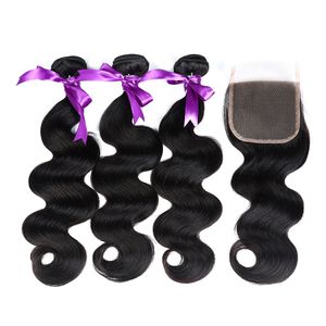 ELIBESS HAIR - Paquets brésiliens de cheveux humains ondulés avec fermeture 3 paquets avec partie gratuite 4x4 fermeture en dentelle vierge Remy DHL expédition rapide