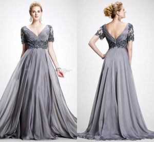 Elie Saab 2017 Robes De Taille Plus Mère De La Mariée Col En V Appliques En Mousseline De Soie Longueur De Plancher Plus La Taille Dos Nu Gris Robes De Soirée Mère De T