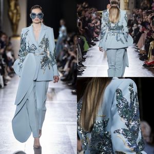 Elie Saab 2019 Combinaisons Robes De Soirée Bleu Clair Paillettes Perles Col En V Robes De Bal Satin À Manches Longues Robe De Soirée