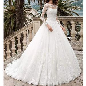 Elie Saab 2021 vestidos de novia Bateau cuello encaje apliques con cuentas manga larga botones huecos espalda hinchada volante capilla tren vestidos de novia