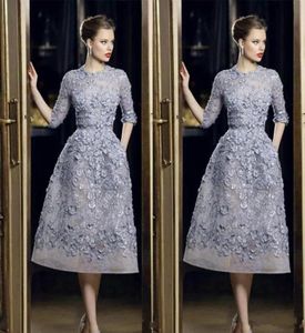 Elie Saab robes de soirée élégante dentelle Applique ALine robes de bal 34 manches longues longueur de thé sexy formelle fête robe de célébrité Cus2046469