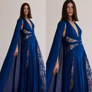 Elie Saab Royal Blue Robes De Soirée Avec Wrap Col En V Dentelle Illusion Robe De Bal En Mousseline De Soie Porter Une Ligne Balayage Train Robes Formelles