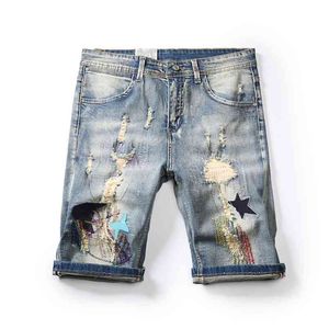 Broderie Hommes Ripped Distressed Denim Shorts Hollow Out Bermuda Summer Vintage Hole Cowboys jeans 210716