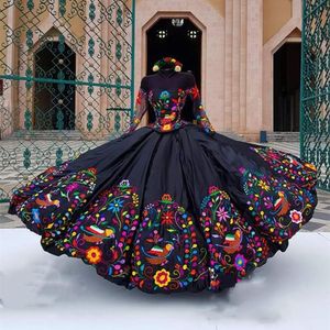 Bordado México Vestidos de quinceañera Charro Mangas largas Vestido dulce 16 Fuera del hombro Satén Vintage Vestido para ocasiones especiales para mujeres Niñas 2024