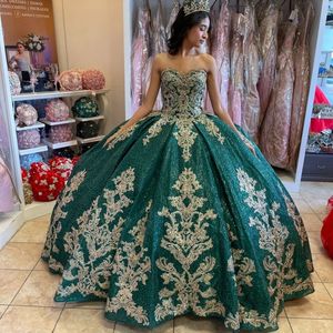 Emerald Green Quinceanera Dress with Gold Applique and Beading - Sweet 16 Ball Gown Pageant Outfit